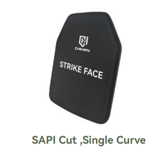 Black CHIHAN SAPI-cut single-curved UHMWPE ballistic plate marked strike face